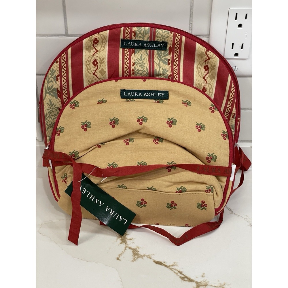 Vintage Laura Ashley Fabric Toiletry Bag Set Red‎ Tan Zipper Floral Cottage New